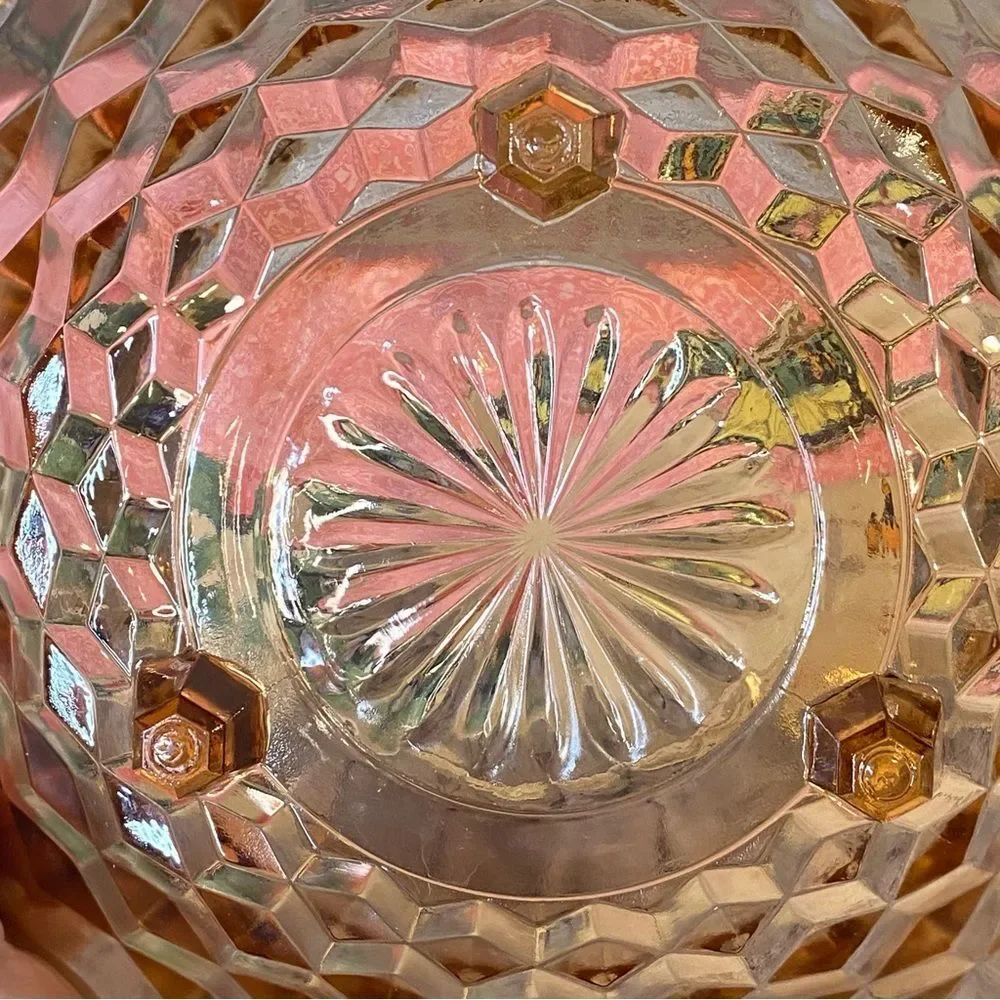 Vintage Large Pink Depression Glass Footed Bowl Cubed Pattern Salad Bowl
